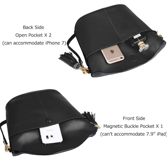 S-ZONE Black Small Cow Split Genuine LeatherCrossbody Bucket Bag Shoulder Purse - Picture 7 of 16
